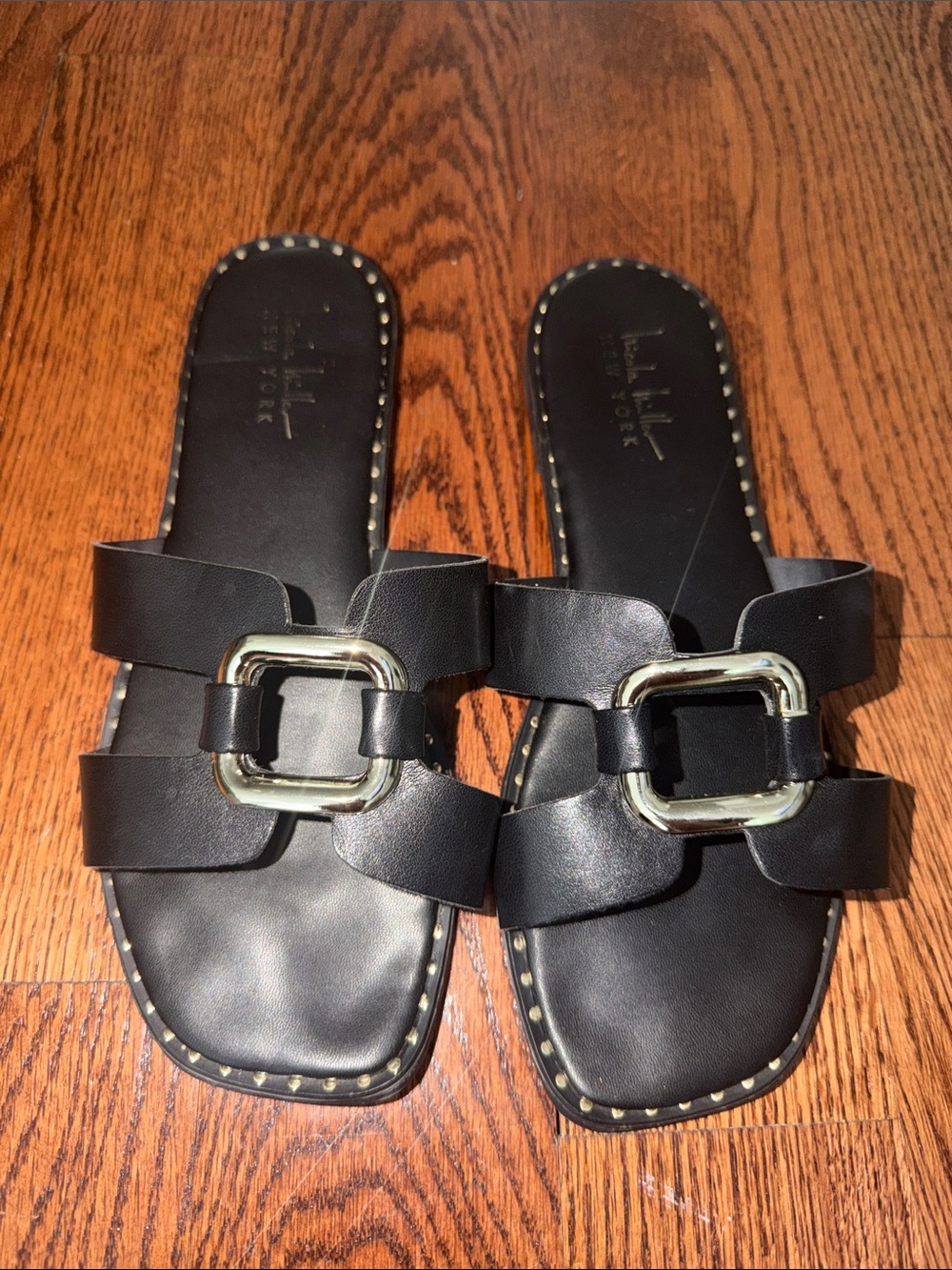 Nicole Miller Black Leather Slide Sandals with Silver Buckle